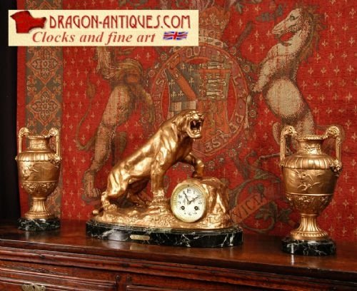 Lioness, Antique French Clock Set ~ Lionne by T.f. Cartier, French - Circa 1910.
